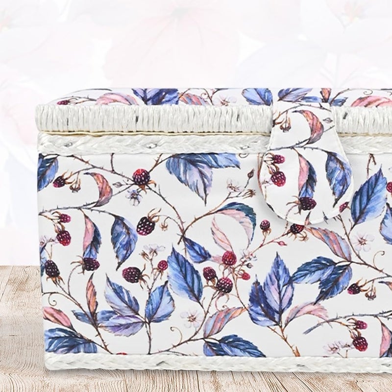 COMFECTO Sewing Basket with Blue Red Floral Print Design, Empty Vintage Sewing Box for Sewing Supplies with Removable Tray Built-In Pin Cushion Interior Pocket - Image 4